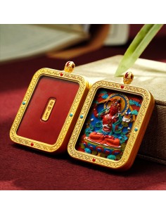 Hand-Painted 3D Thangka Buddha Manjushri Red Sand Brass Pendant Necklace (Ga Wu Box)