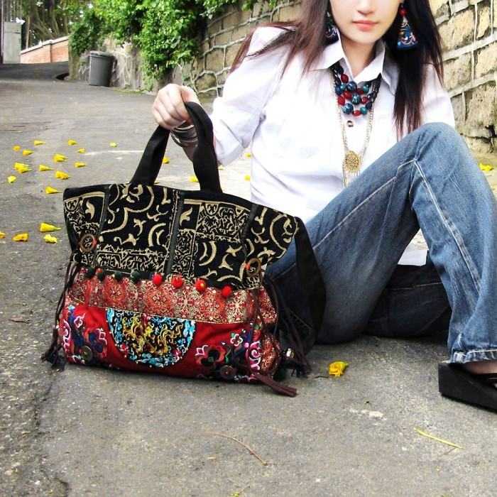 Mooras Handcrafted Vintage Ethnic Embroidered Tote Bag - Dragon