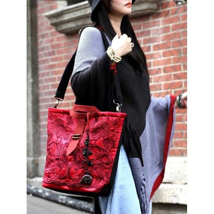 Mooras Handcrafted Vintage Ethnic Embroidered Tote Bag Red - Happiness
