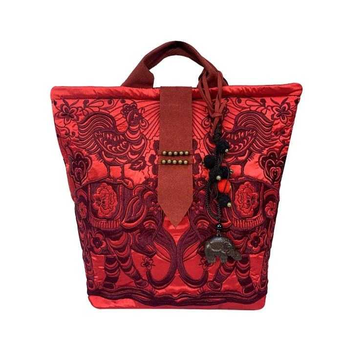 Mooras Handcrafted Vintage Ethnic Embroidered Tote Bag Red - Happiness
