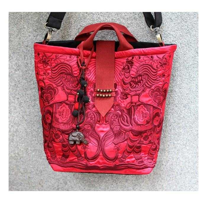 Mooras Handcrafted Vintage Ethnic Embroidered Tote Bag Red - Happiness
