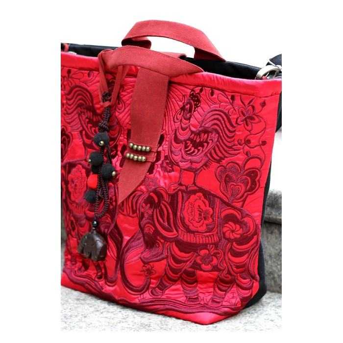 Mooras Handcrafted Vintage Ethnic Embroidered Tote Bag Red - Happiness