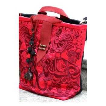 Mooras Handcrafted Vintage Ethnic Embroidered Tote Bag Red - Happiness