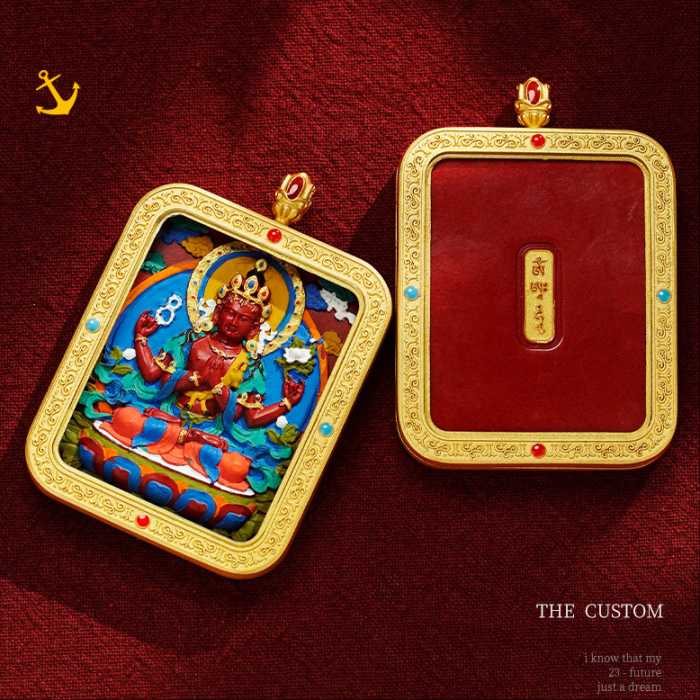 Hand-Painted 3D Thangka Buddha  Akasagarbha Red Sand Brass Pendant Necklace (Ga Wu Box)