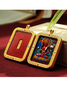 Hand-Painted 3D Thangka Buddha  Akasagarbha Red Sand Brass Pendant Necklace (Ga Wu Box)