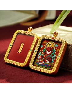 Hand-Painted 3D Thangka Buddha Yellow Jambhala Red Sand Brass Pendant Necklace (Ga Wu Box)