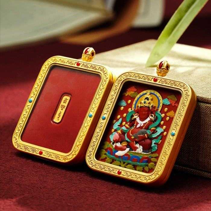 Hand-Painted 3D Thangka Buddha Yellow Jambhala Red Sand Brass Pendant Necklace (Ga Wu Box)