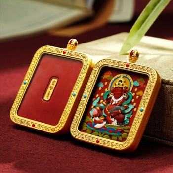 Hand-Painted 3D Thangka Buddha Yellow Jambhala Red Sand Brass Pendant Necklace (Ga Wu Box)