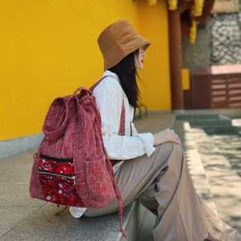 Mooras Ethnic-Style Hand-Embroidered Drawstring Backpack | The Beauty of Red, a Lightweight Choice for Travel