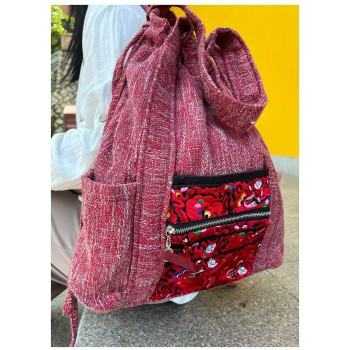 Mooras Ethnic-Style Hand-Embroidered Drawstring Backpack | The Beauty of Red, a Lightweight Choice for Travel