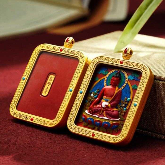 Hand-Painted 3D Thangka Buddha Medicine Buddha Red Sand Brass Pendant Necklace (Ga Wu Box)