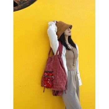 Mooras Ethnic-Style Hand-Embroidered Drawstring Backpack | The Beauty of Red, a Lightweight Choice for Travel
