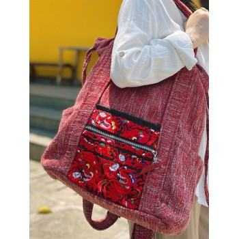 Mooras Ethnic-Style Hand-Embroidered Drawstring Backpack | The Beauty of Red, a Lightweight Choice for Travel