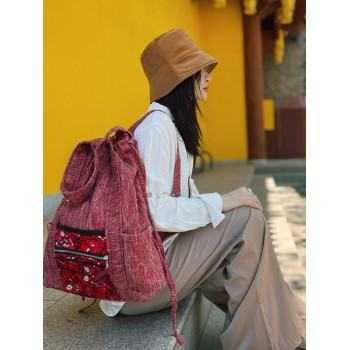 Mooras Ethnic-Style Hand-Embroidered Drawstring Backpack | The Beauty of Red, a Lightweight Choice for Travel