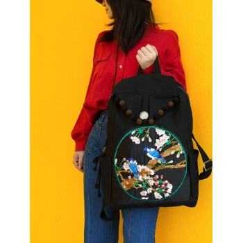 Mooras Hand-embroidered ethnic-style double bird flower branch canvas backpack | Oriental elegance, travel with ease