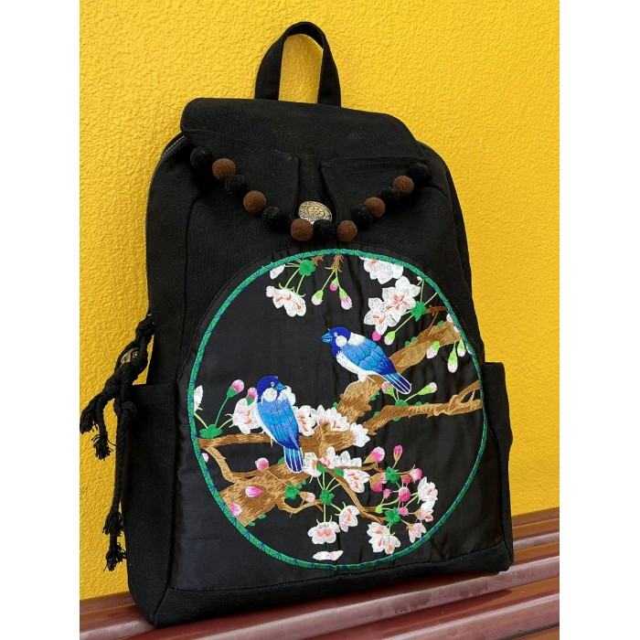 Mooras Hand-embroidered ethnic-style double bird flower branch canvas backpack | Oriental elegance, travel with ease