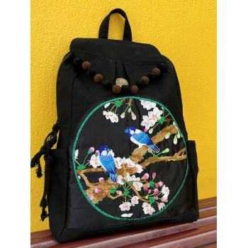 Mooras Hand-embroidered ethnic-style double bird flower branch canvas backpack | Oriental elegance, travel with ease