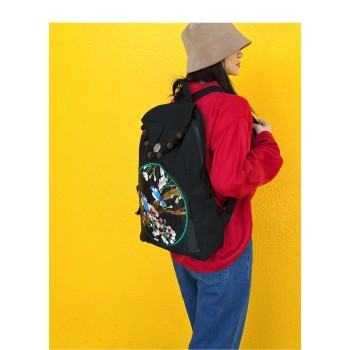 Mooras Hand-embroidered ethnic-style double bird flower branch canvas backpack | Oriental elegance, travel with ease