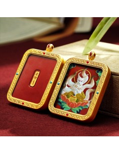 Hand-Painted 3D Thangka Buddha Fox Deity Red Sand Brass Pendant Necklace (Ga Wu Box)