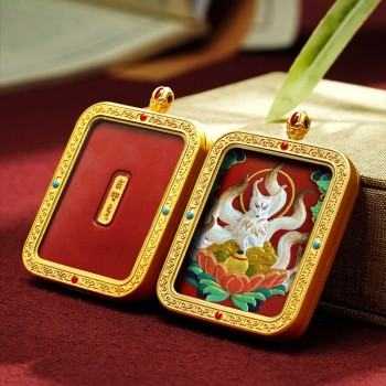 Hand-Painted 3D Thangka Buddha Fox Deity Red Sand Brass Pendant Necklace (Ga Wu Box)