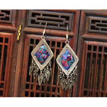 Mooras Vintage Handmade Miao Embroidery Fringe Earrings