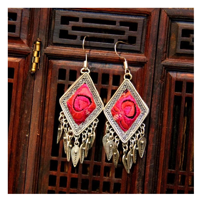 Mooras Vintage Handmade Miao Embroidery Fringe Earrings