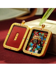 Mooras Hand-Painted 3D Thangka Buddha Zakiram Red Sand Brass Pendant Necklace (Ga Wu Box)