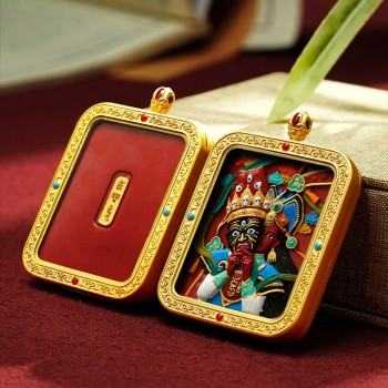 Mooras Hand-Painted 3D Thangka Buddha Zakiram Red Sand Brass Pendant Necklace (Ga Wu Box)
