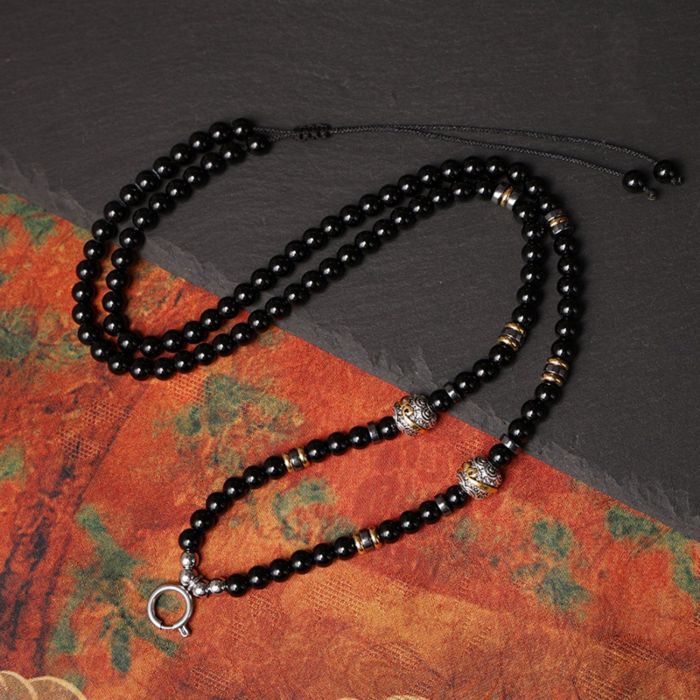 Natural Black Onyx Beads Chain Tibetan Silver Thangka Pendant Replacement Chain