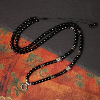 Natural Black Onyx Beads Chain Tibetan Silver Thangka Pendant Replacement Chain