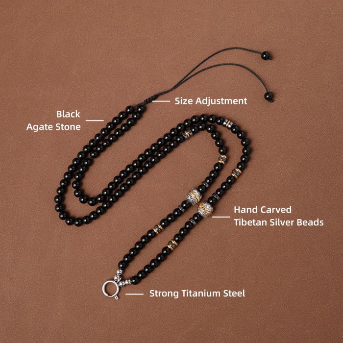 Natural Black Onyx Beads Chain Tibetan Silver Thangka Pendant Replacement Chain