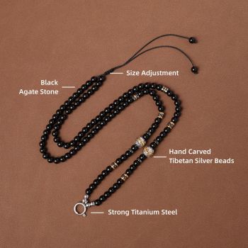 Natural Black Onyx Beads Chain Tibetan Silver Thangka Pendant Replacement Chain