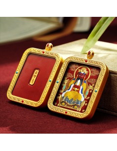 Mooras Hand-Painted 3D Thangka Buddha The Fifth Lord Red Sand Brass Pendant Necklace (Ga Wu Box)